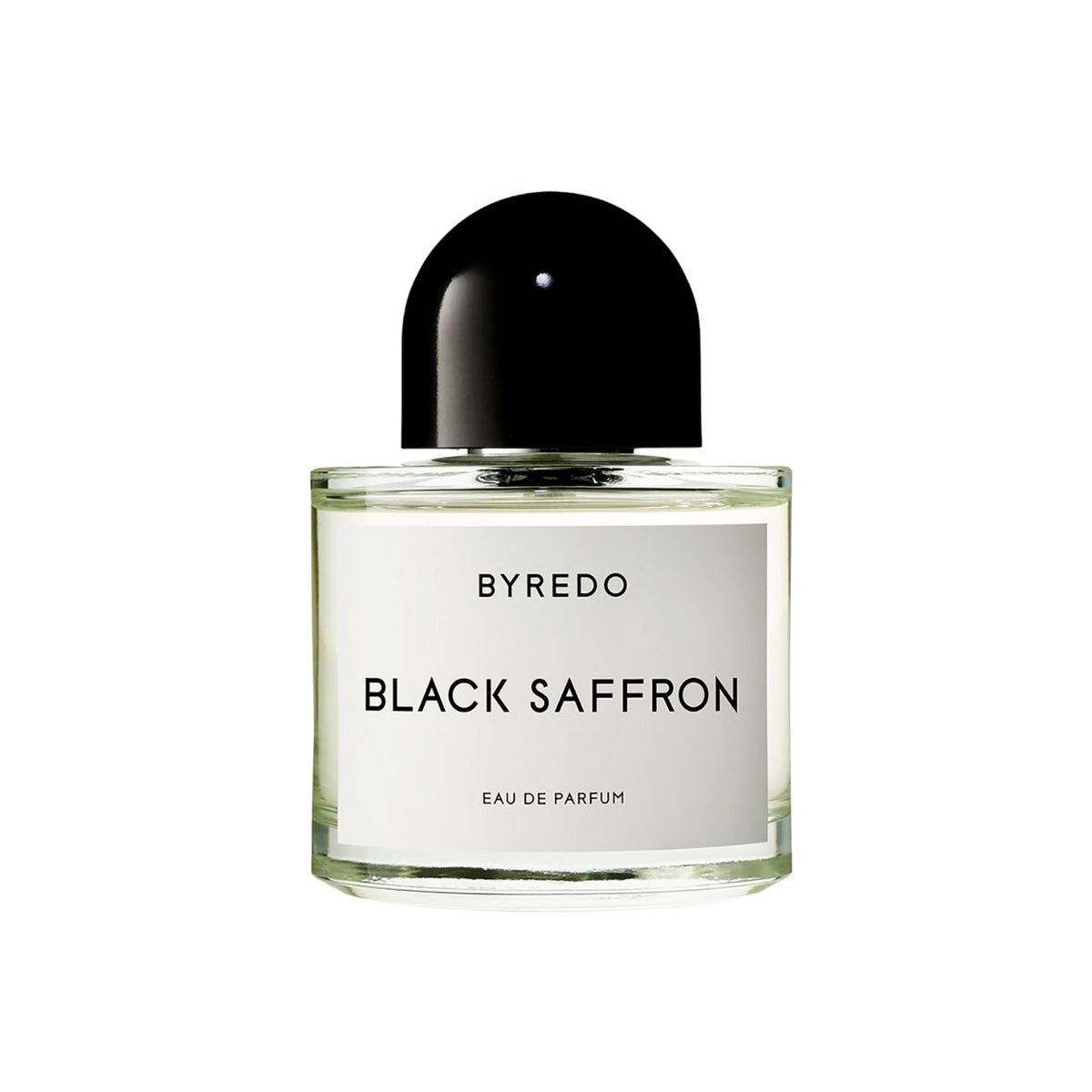 Glass Byredo Black Saffron Eau de Parfum bottle with a black domed cap, featuring notes of juniper berries and pomelo.
