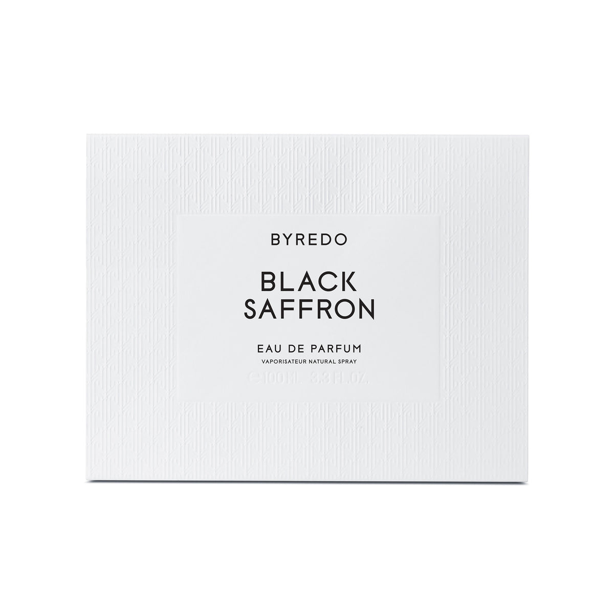 Textured white rectangular perfume box for Byredo Black Saffron Eau de Parfum, featuring printed text with notes of juniper berries and pomelo.