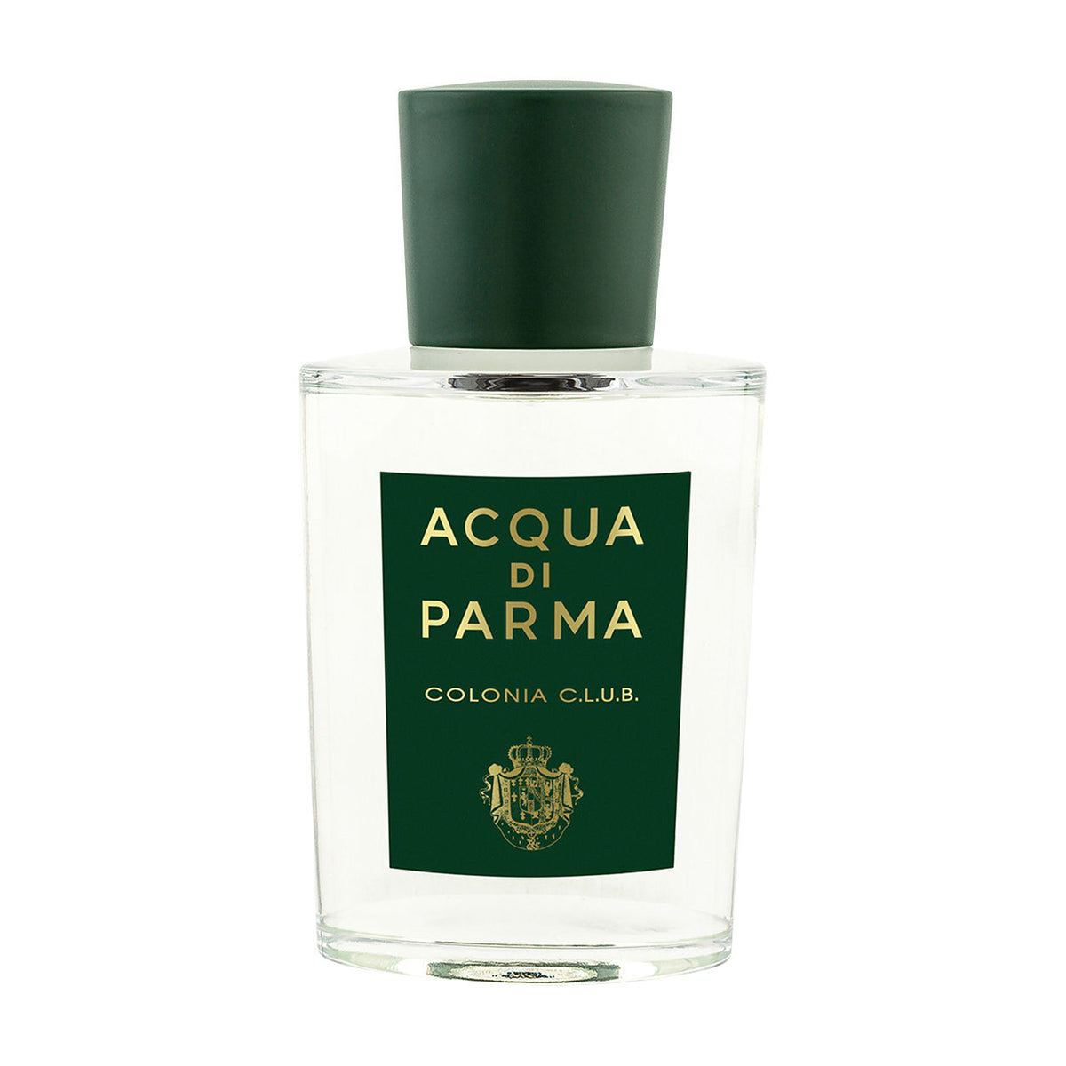 Clear glass bottle of Colonia Club Eau De Cologne, featuring a dark green cap and a matching rectangular label with gold text and a crest.