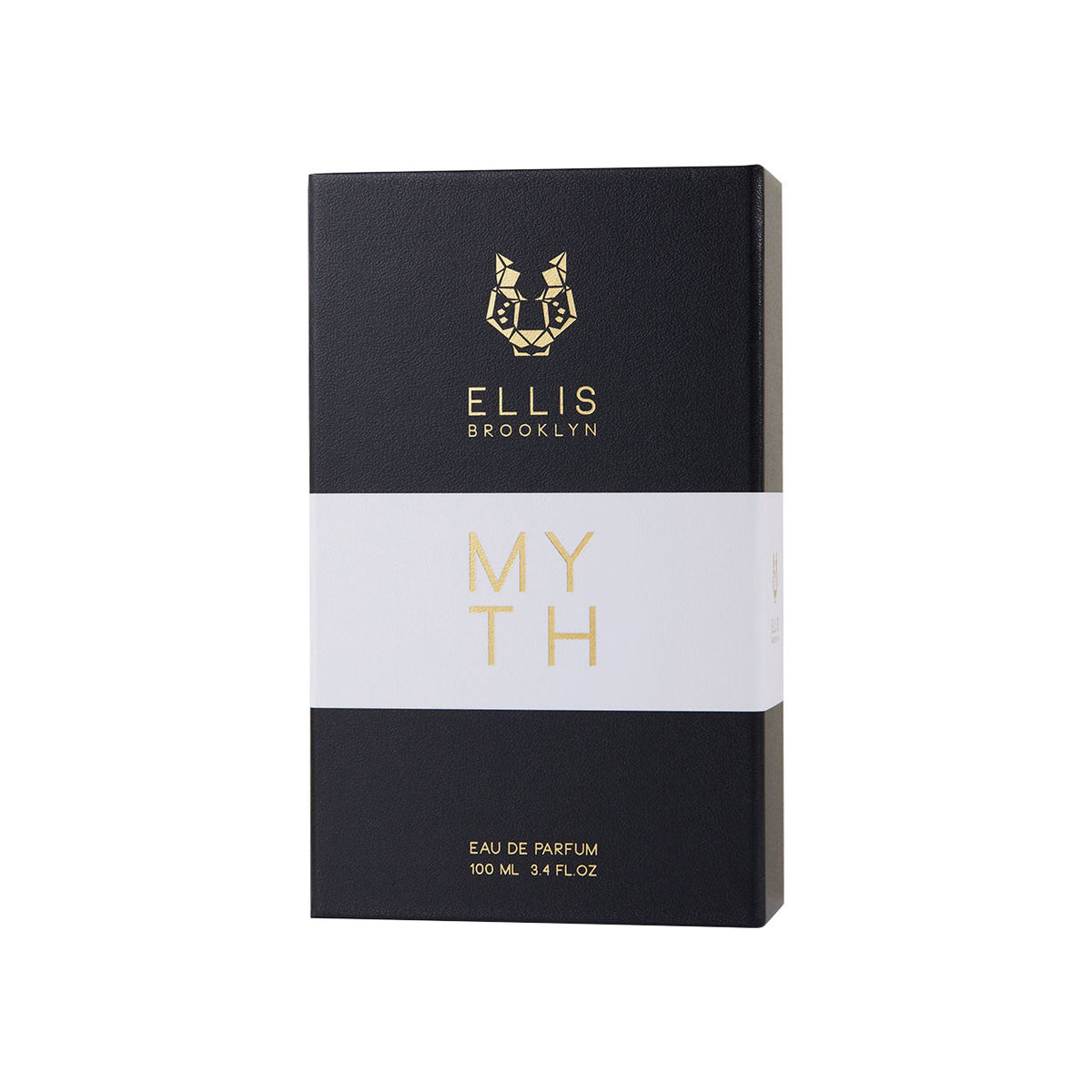 Black rectangular Ellis Brooklyn MYTH Eau de Parfum box featuring a gold geometric cat logo and the text MYTH centered on a white horizontal band, evoking notes of jasmine petals and liquid musks.