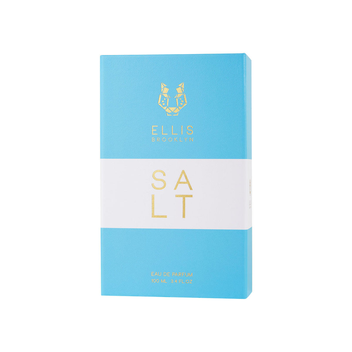 Rectangular blue Ellis Brooklyn Salt Eau de Parfum box with a white horizontal stripe, featuring gold logos and the text SALT EAU DE PARFUM 100 ML 3.4 FL OZ, evoking the essence of salty skin.