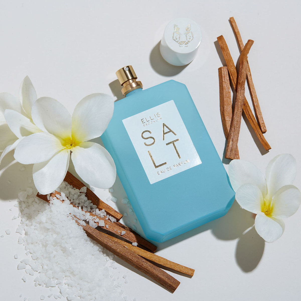 A light blue rectangular bottle of Ellis Brooklyn Salt Eau de Parfum, evoking salty skin, surrounded by white tropical florals, wooden sticks, and coarse sea salt.
