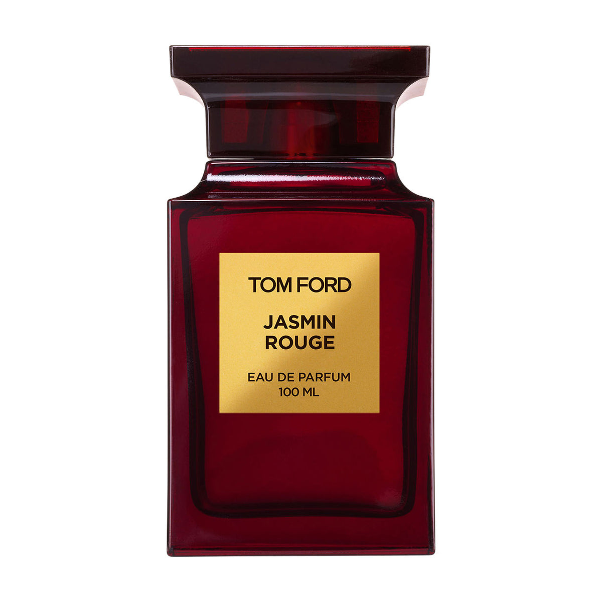 Dark red, rectangular bottle of Tom Ford Jasmin Rouge Eau de Parfum Spray with a gold label reading 100 ml.