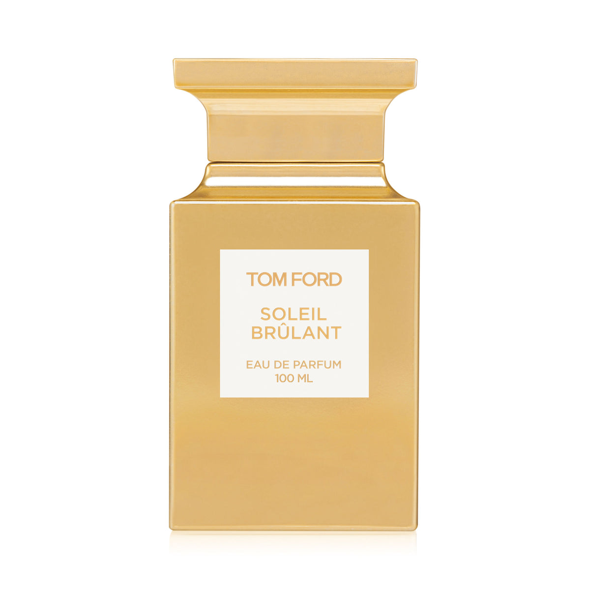 A gold square Tom Ford Soleil Brûlant Eau de Parfum bottle featuring amber and orange flower notes, with a white center label displaying the product name, scent type, and volume.