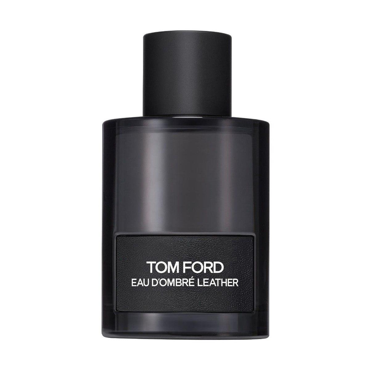 Black glass perfume bottle with a rectangular label reading TOM FORD Eau d’Ombre Leather centered on the front.