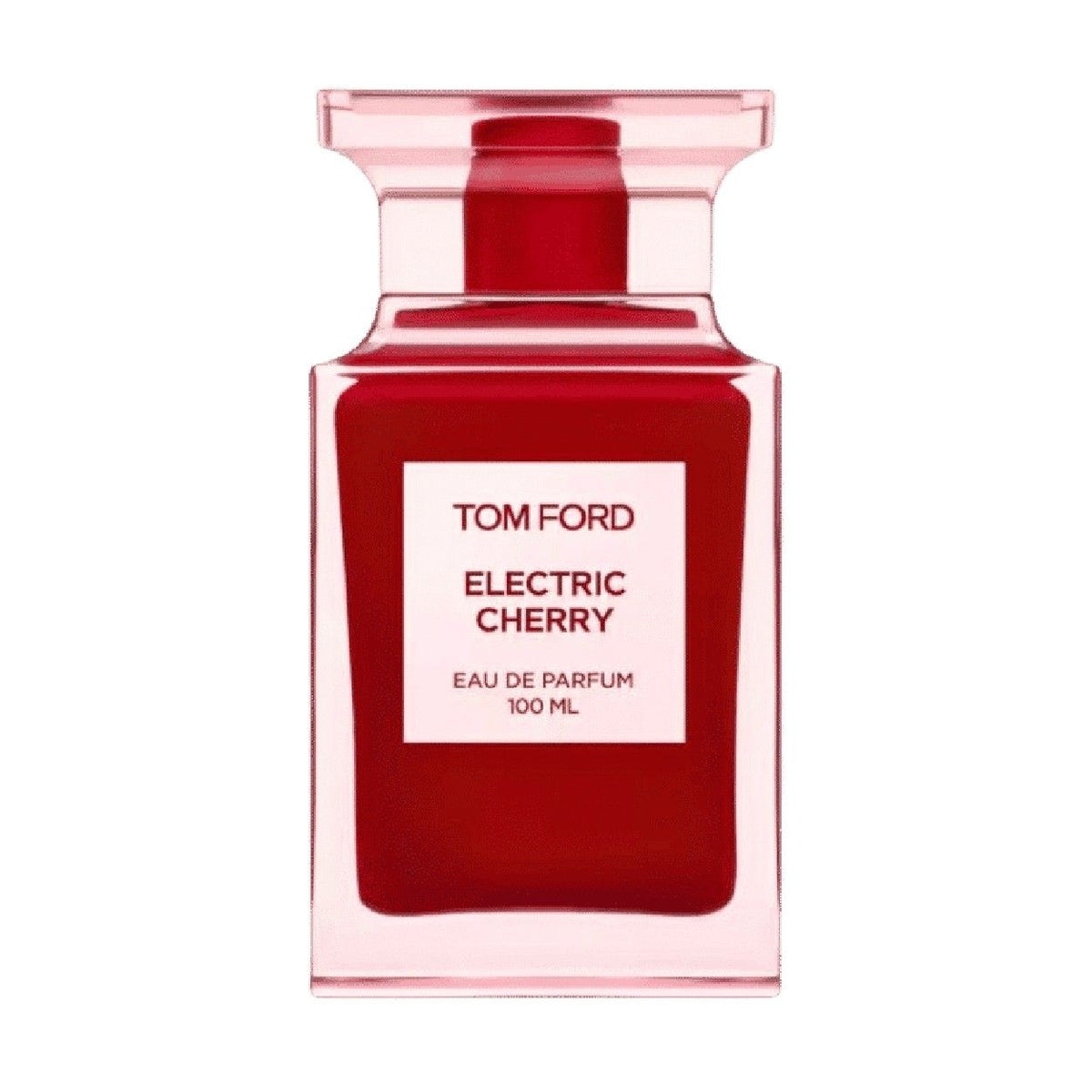 Square glass Tom Ford Electric Cherry Eau de Parfum bottle with a light pink cap, deep red liquid, and a white label.