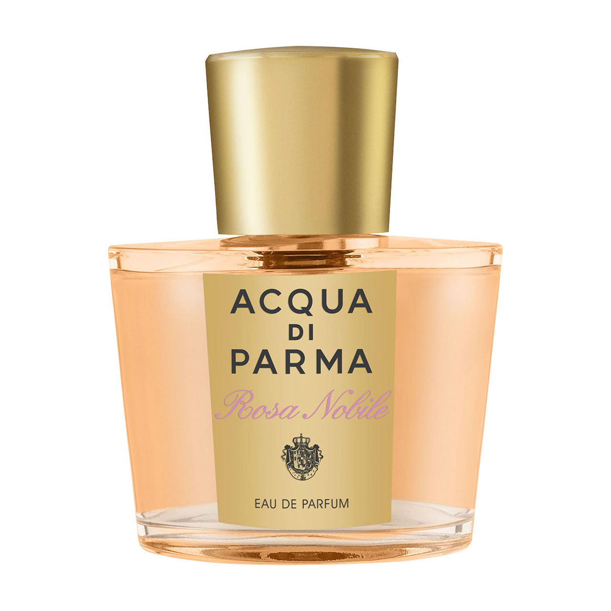 A glass bottle of Acqua di Parma Rosa Nobile Eau de Parfum filled with peach-colored fragrance, topped with a cylindrical gold cap and featuring a gold label with black text.
