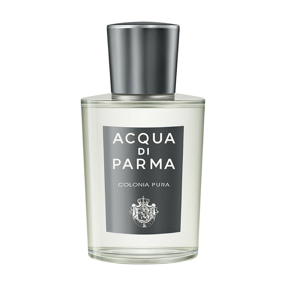 An Acqua di Parma Colonia Pura Eau de Cologne clear glass bottle with a cylindrical cap and a dark grey label featuring white text and a crest, evocative of a fresh citrus and woody scent.