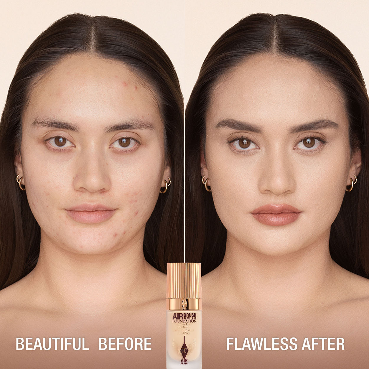 Before and after results of using Charlotte Tilbury Airbrush Flawless Foundation variant: 3 Neutral