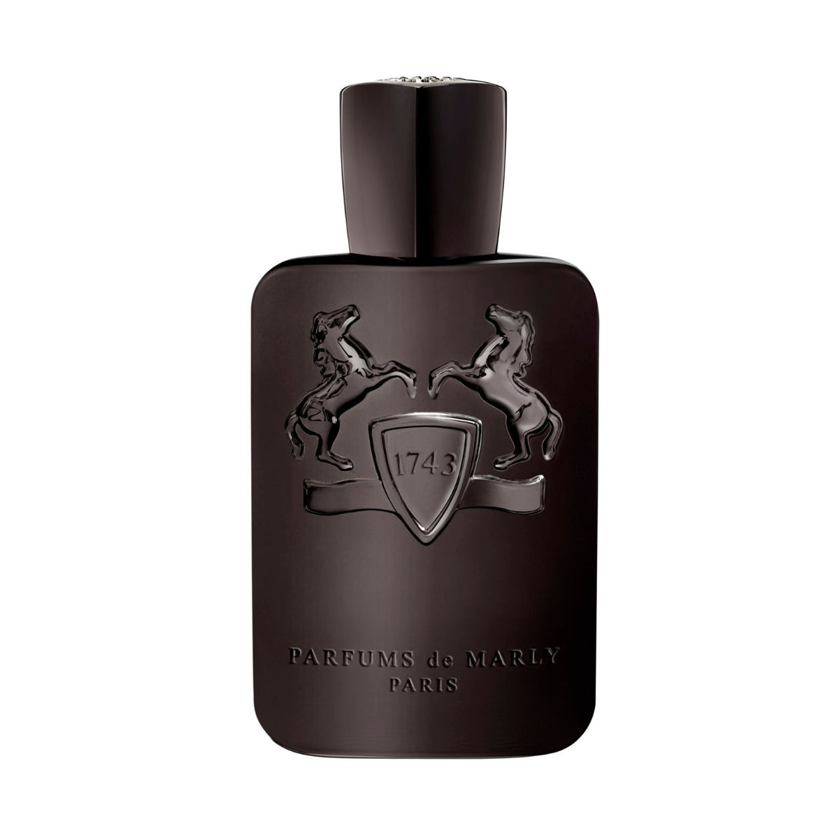Herod Eau de Parfum in a dark opaque bottle with a shield emblem depicting two rearing horses and the number 1743, suggesting a scent of cinnamon and vanilla.