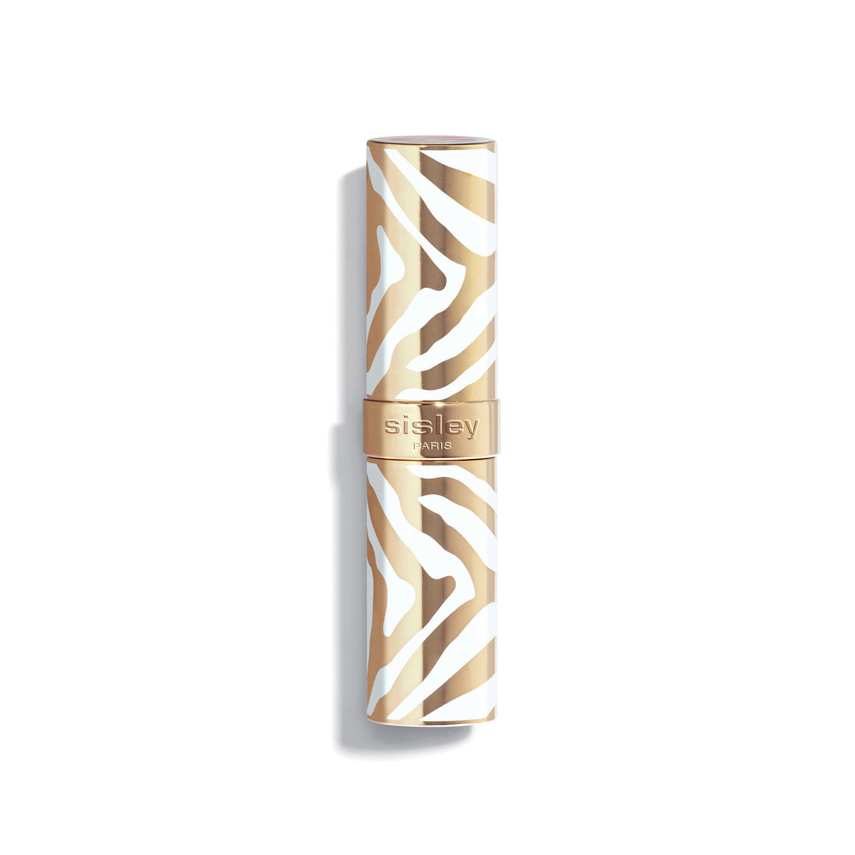 Closed Phyto-Rouge Shine lipstick tube with a white and gold zebra stripe pattern, offering an intense lipstick finish.
