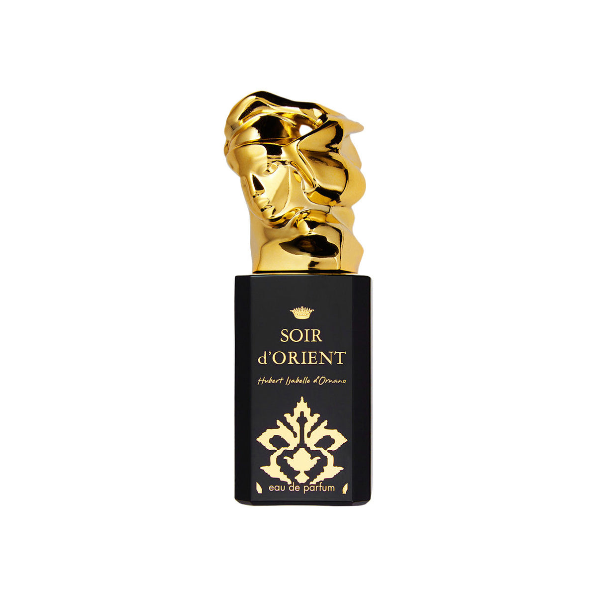 Soir d’Orient Eau de Parfum bottle in black floral glass with gold lettering and a metallic gold sculptural cap shaped like a human face.