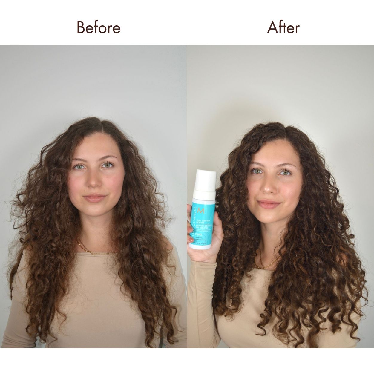 Before and after results of using Moroccanoil Curl Control Mousse variant: 5.1 oz