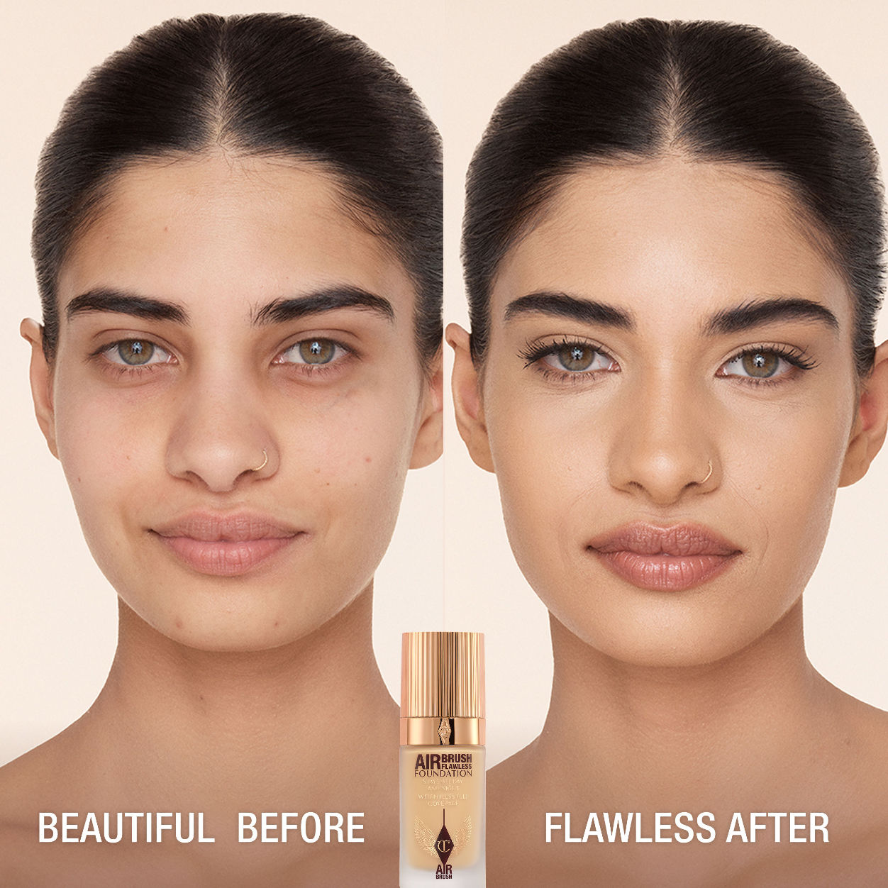 Before and after results of using Charlotte Tilbury Airbrush Flawless Foundation variant: 5 Warm