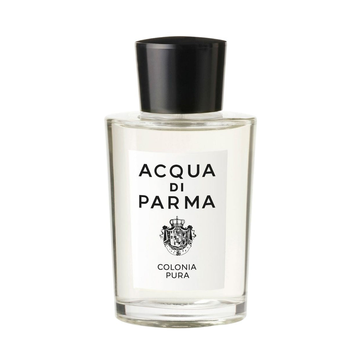 A clear glass bottle of Acqua di Parma Colonia Pura Eau de Cologne with a black cap and a white label featuring a crest and text.