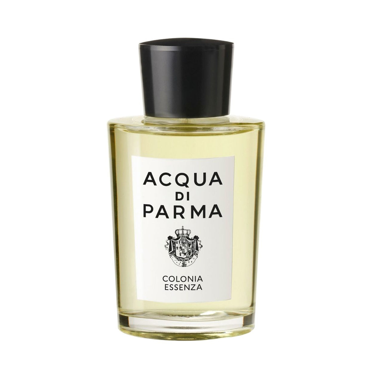 Clear glass bottle of Acqua di Parma Colonia Essenza Eau de Cologne in a pale yellow hue, featuring a black cap and a white label with text and an emblem, embodying a modern classic.