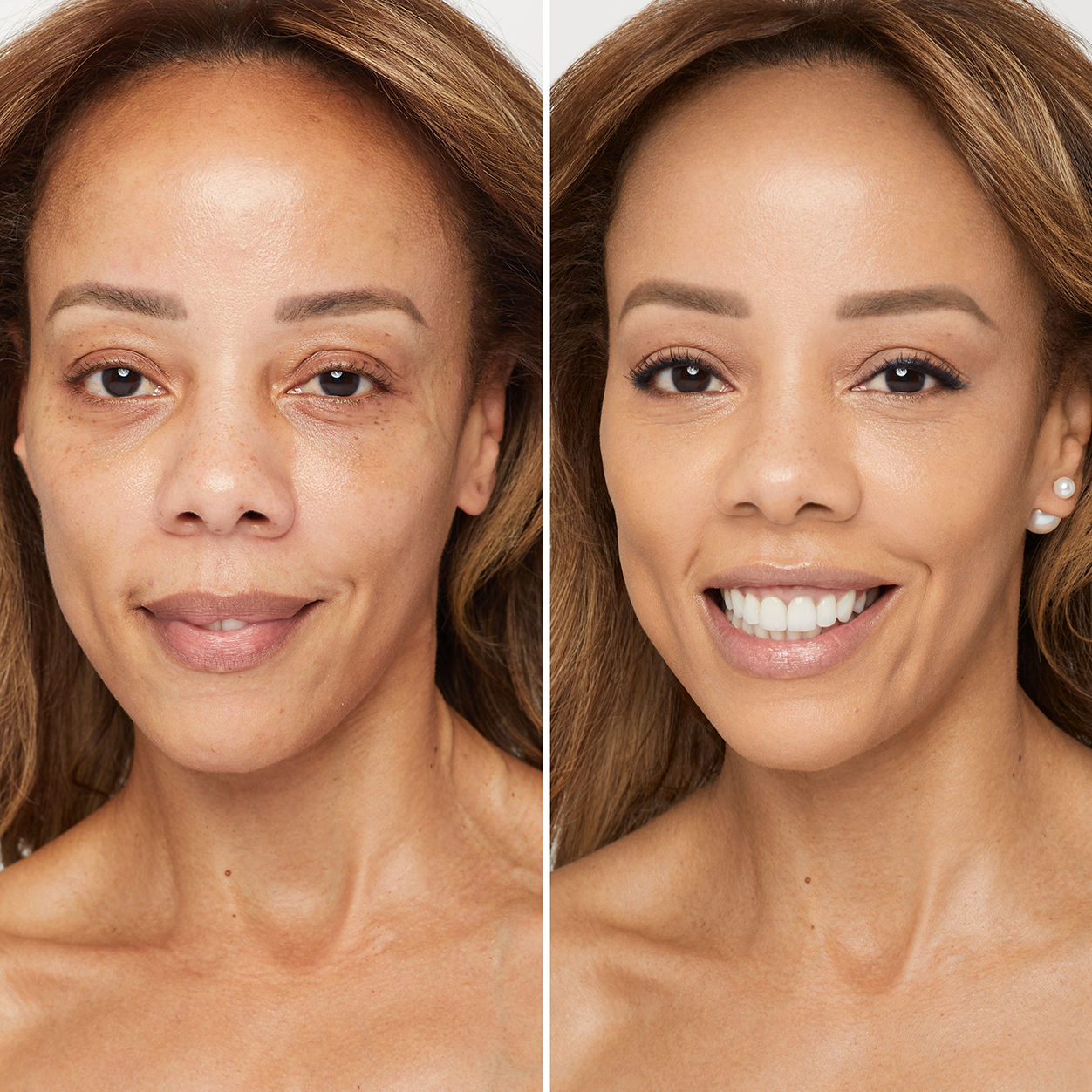 Before and after results of using Trish McEvoy Gorgeous Even Skin Foundation variant: 7MO - Medium with olive undertones, for medium skin
