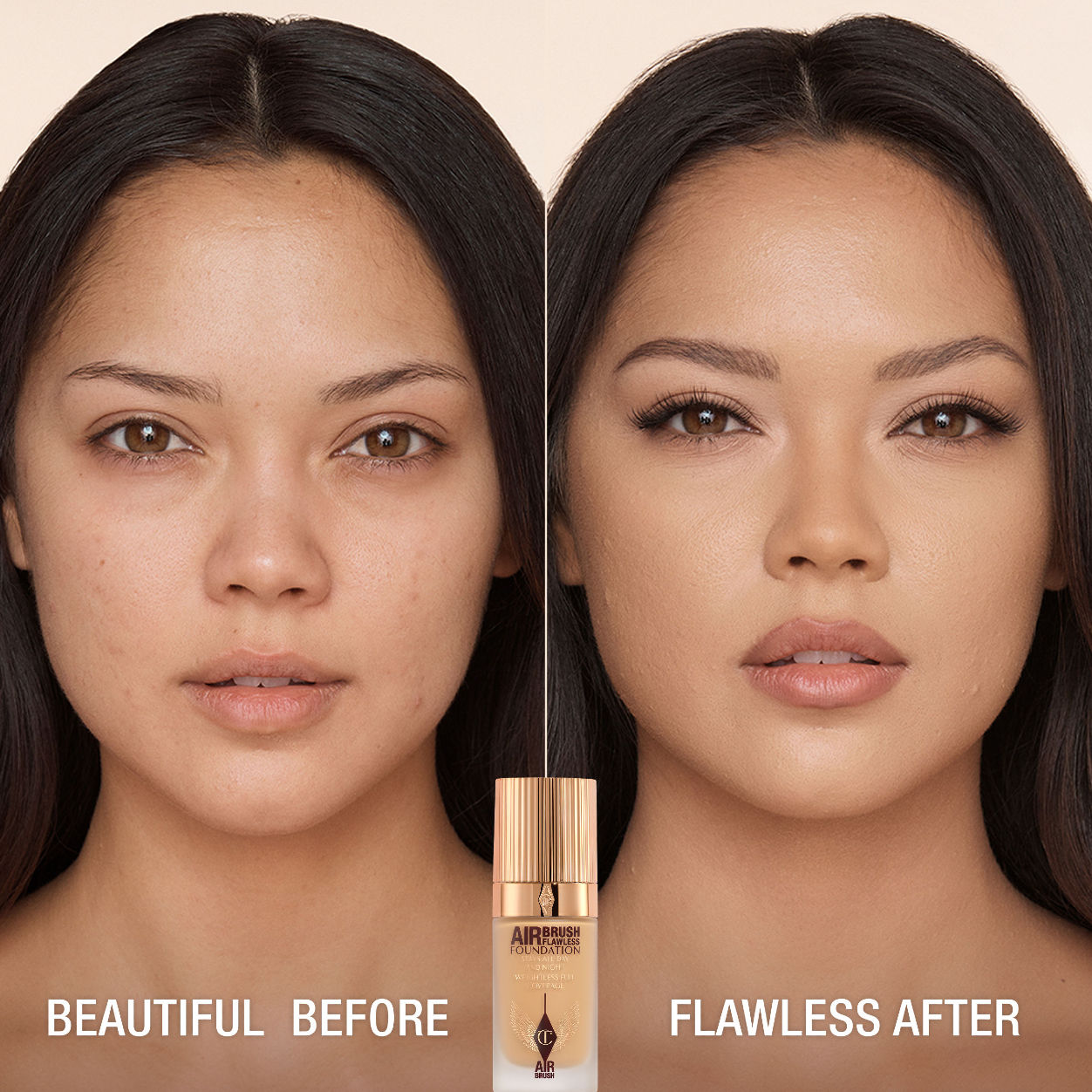 Before and after results of using Charlotte Tilbury Airbrush Flawless Foundation variant: 7 Neutral