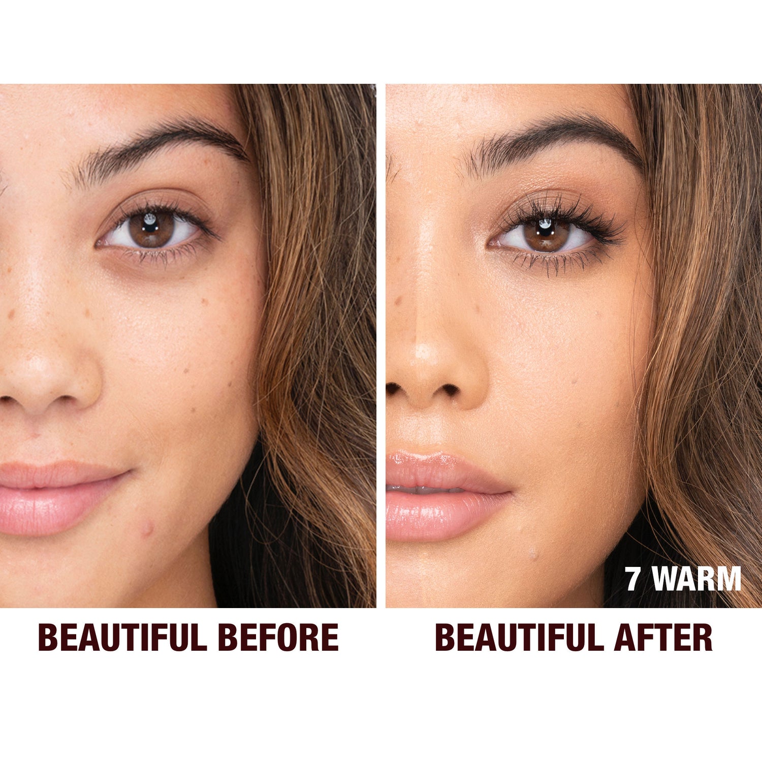 Before and after results of using Charlotte Tilbury Charlotte's Beautiful Skin Foundation variant: 7 Warm (medium with golden yellow undertones)