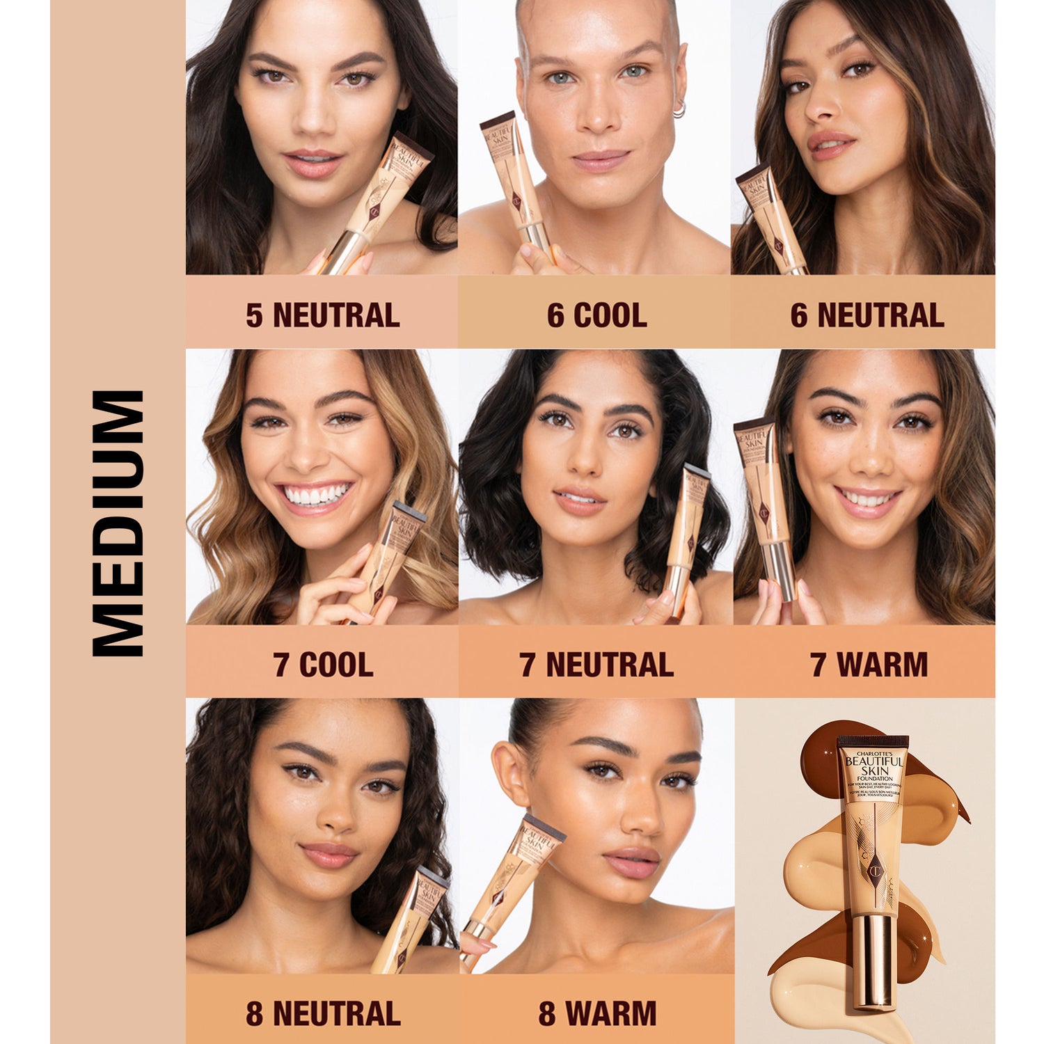 Model image of Charlotte Tilbury Charlotte's Beautiful Skin Foundation variant: 7 Warm (medium with golden yellow undertones)