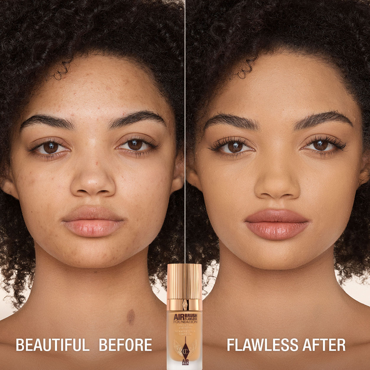 Before and after results of using Charlotte Tilbury Airbrush Flawless Foundation variant: 8 Warm