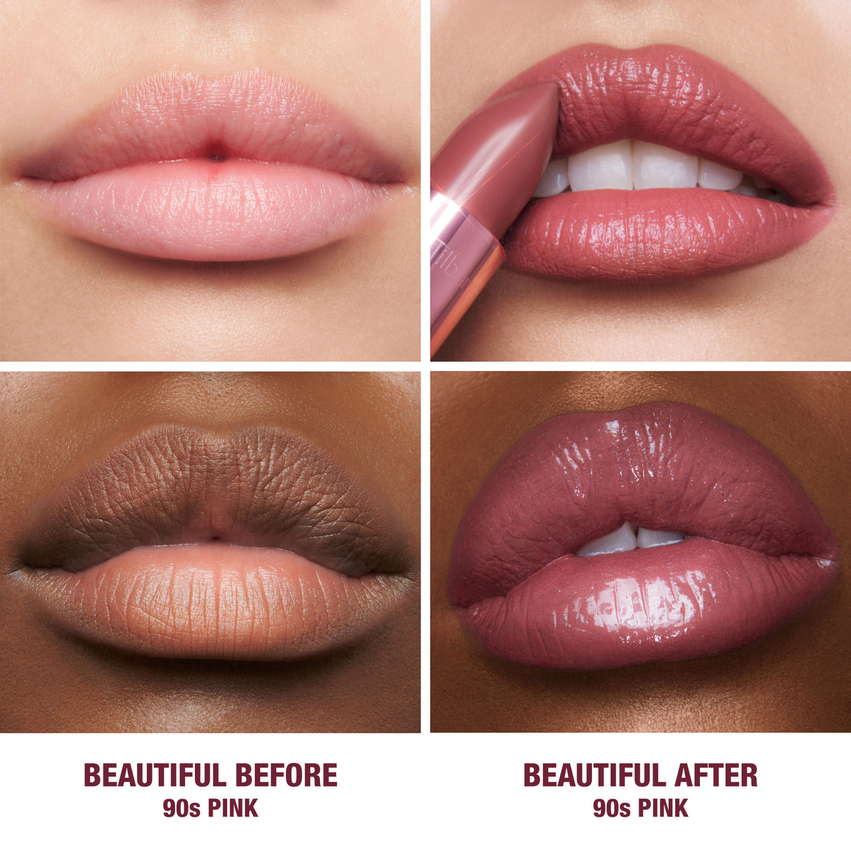 Four photos of lips showing the application of Charlotte Tilbury K.I.S.S.I.N.G. Lipstick in 90s Pink, labeled Beautiful Before and Beautiful After, displaying a long-lasting, satin shine finish.