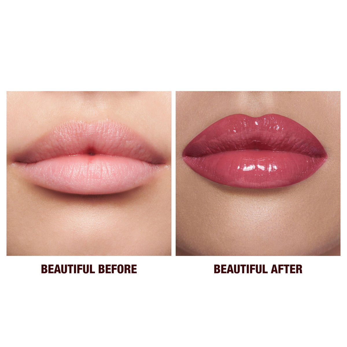 Before-and-after comparison showing bare lips on the left and a glossy berry-colored K.I.S.S.I.N.G Lipstick and Lip Gloss Duo on the right.
