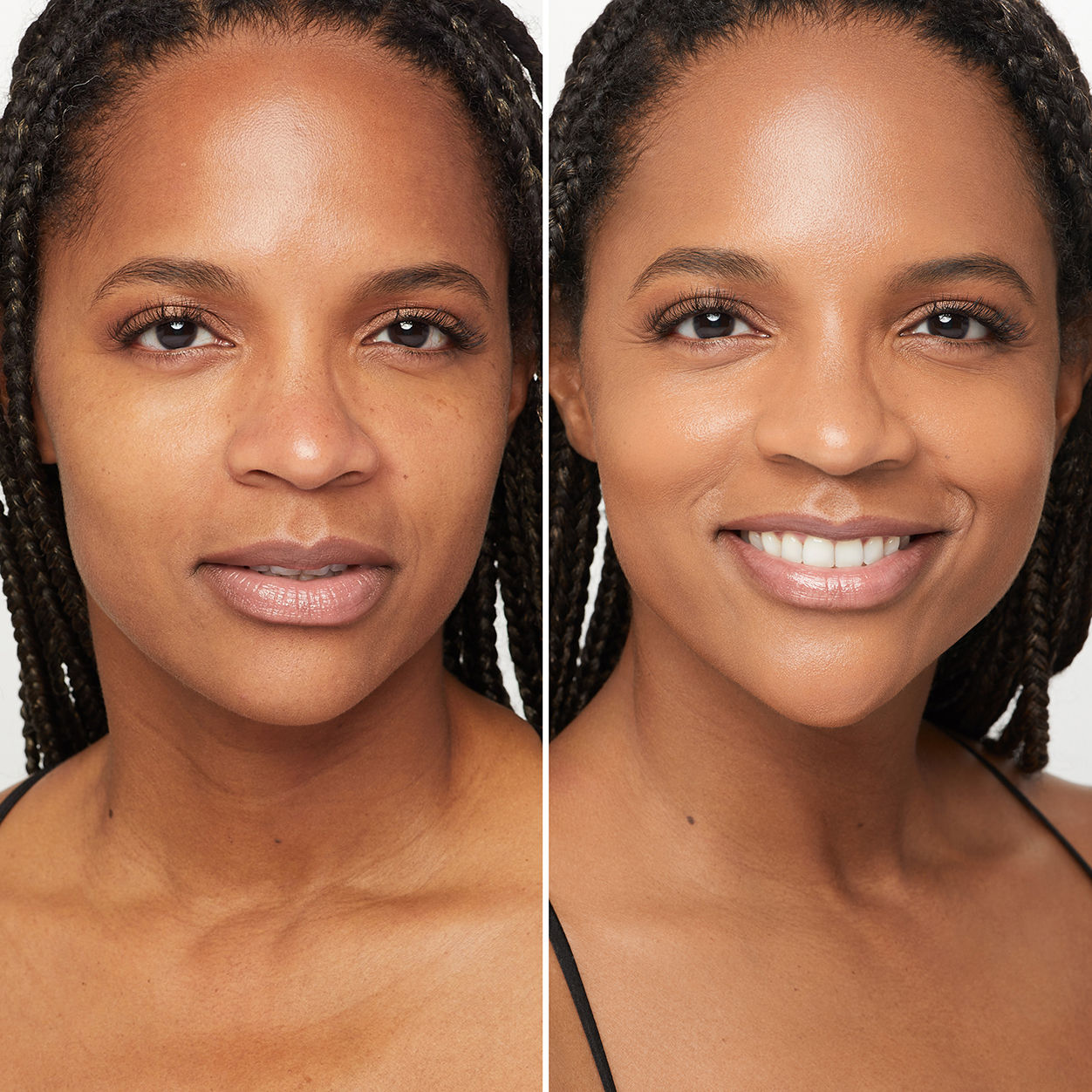 Before and after results of using Trish McEvoy Gorgeous Even Skin Foundation variant: 9TW - Tan with warm undertones, for tan skin