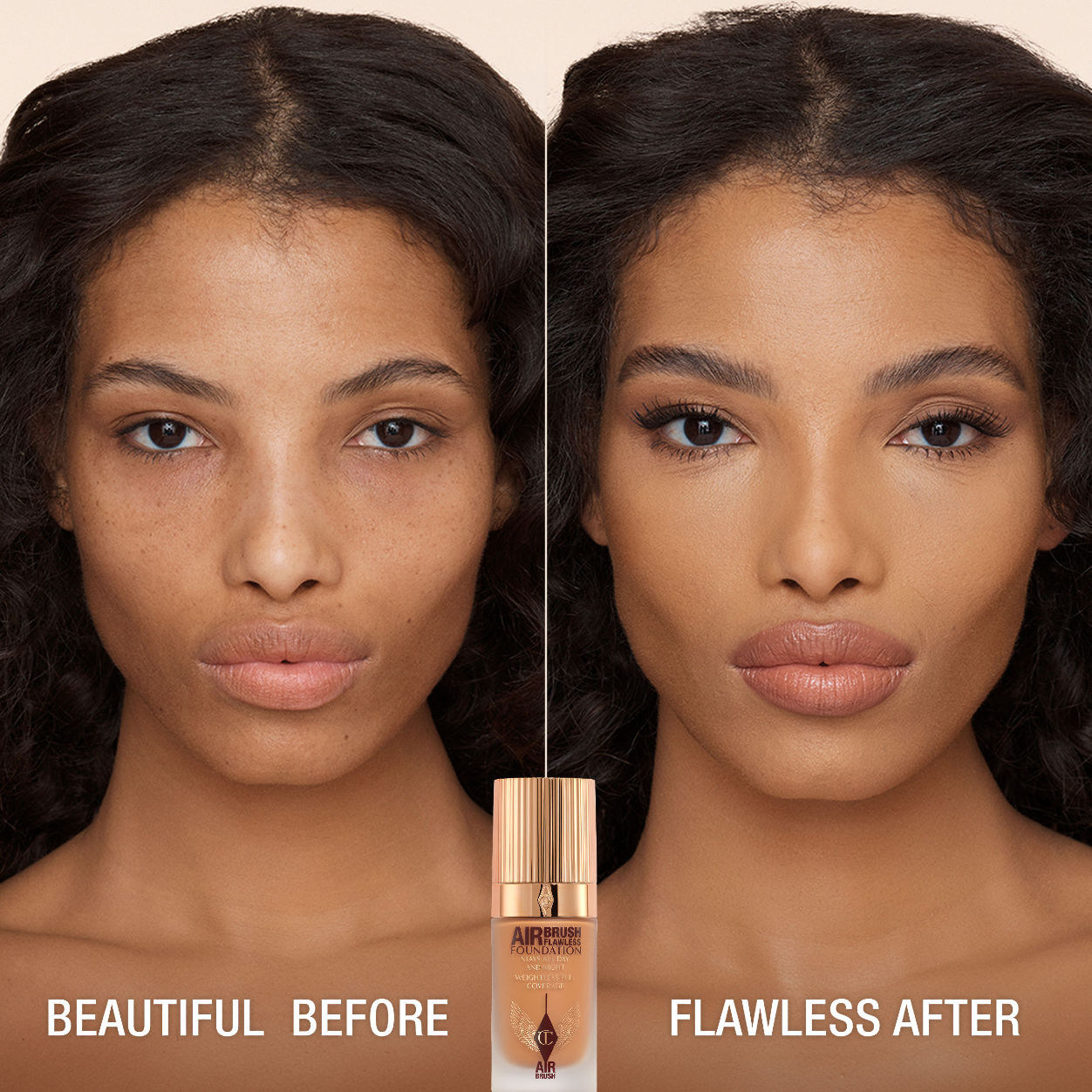 Before and after results of using Charlotte Tilbury Airbrush Flawless Foundation variant: 9 Warm