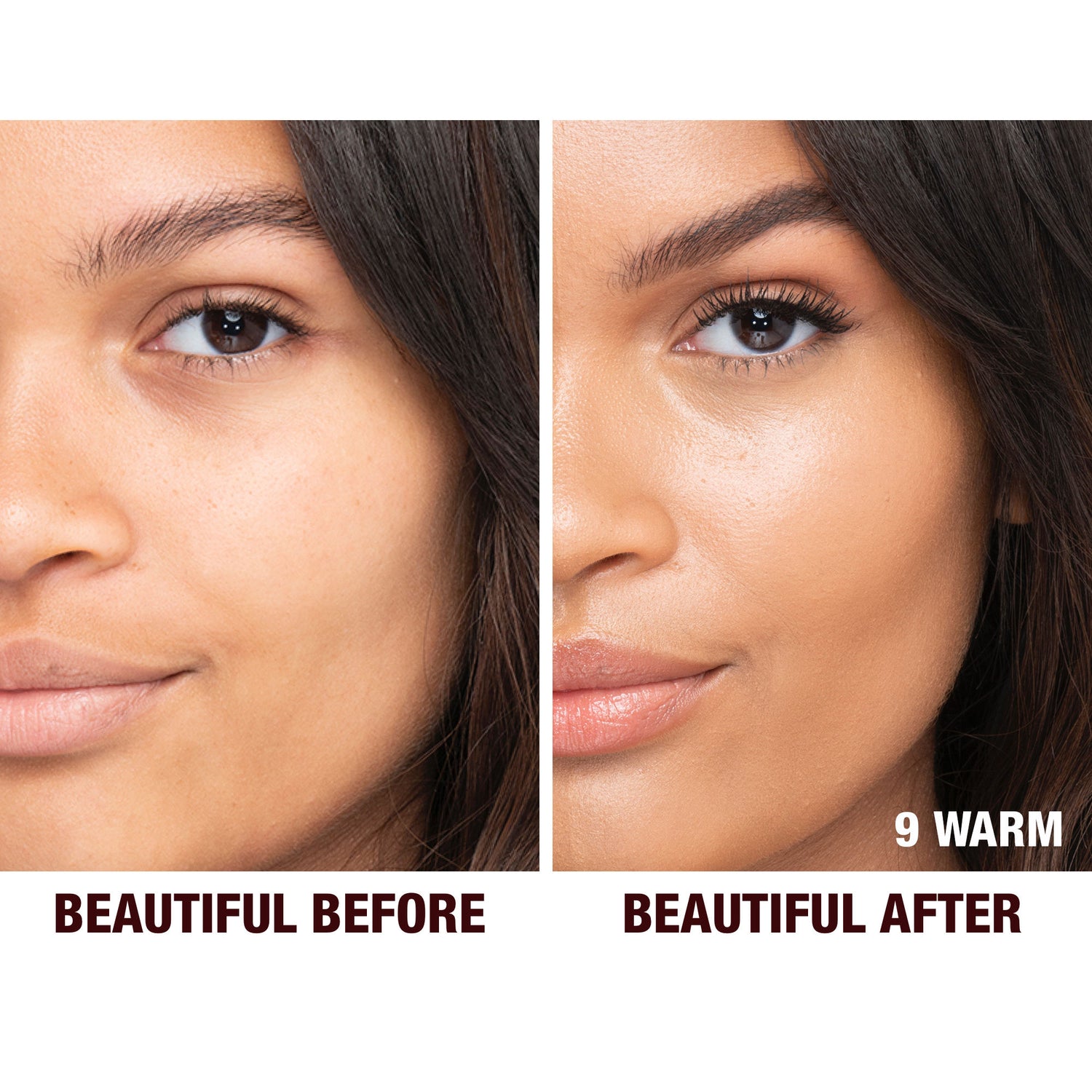 Before and after results of using Charlotte Tilbury Charlotte's Beautiful Skin Foundation variant: 9 Warm (tan with warm peach undertones)