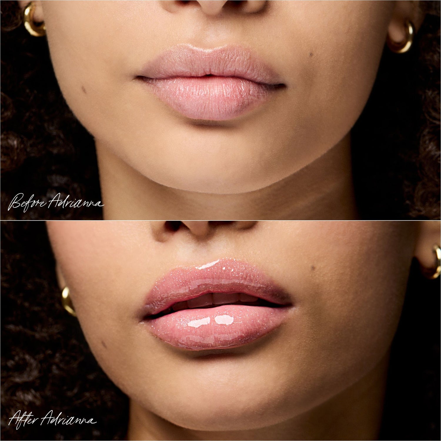 Before and after results of using RMS Beauty Legendary Lip Oil variant: Adrianna
