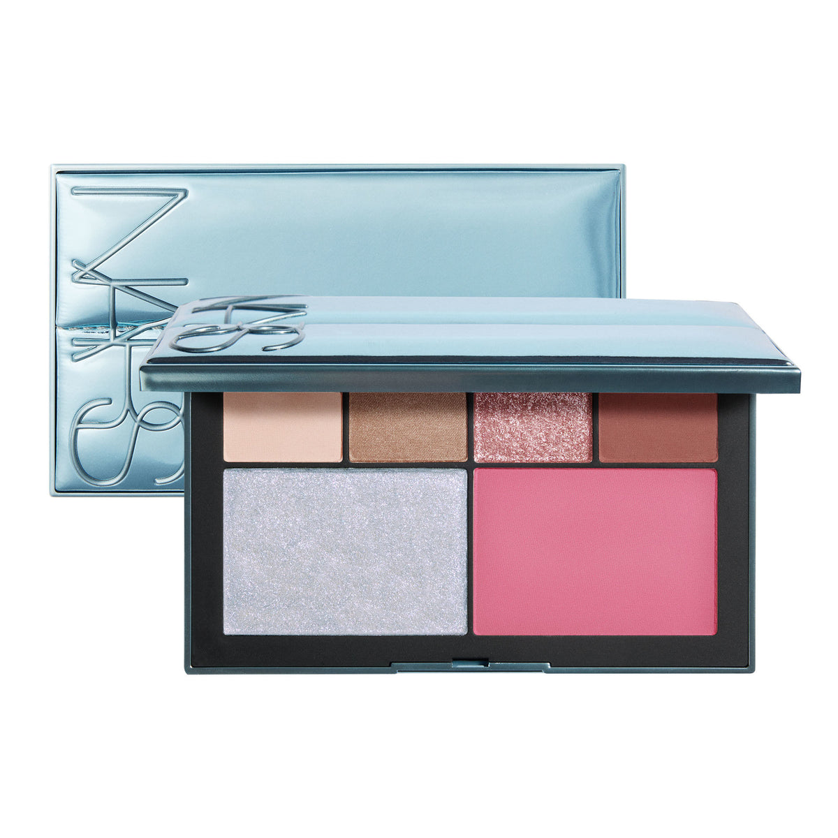 An open Nars Après Ski Cheek & Eye Palette featuring four rectangular eyeshadows above one large highlighter and one large blush, displayed in front of its metallic blue compact case.