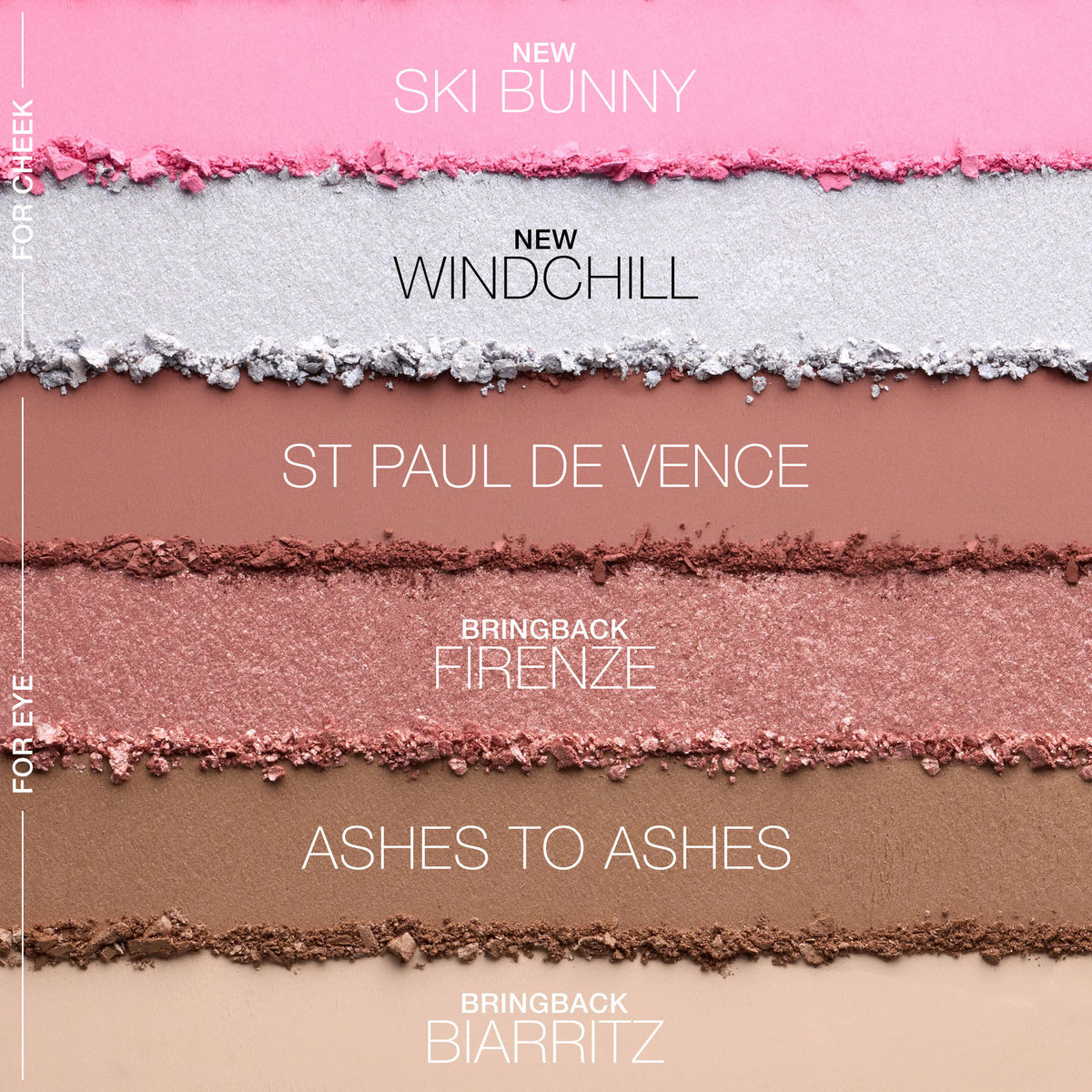 The Nars Après Ski Cheek & Eye Palette features six horizontal rows of powder makeup in an alpine-inspired palette, labeled Ski Bunny, Windchill, St Paul De Vence, Firenze, Ashes To Ashes, and Biarritz.