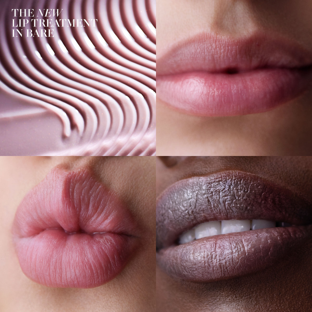 A collage showing the textured pink The Lip Treatment alongside three close-up images of different lips wearing the product for buildable color.