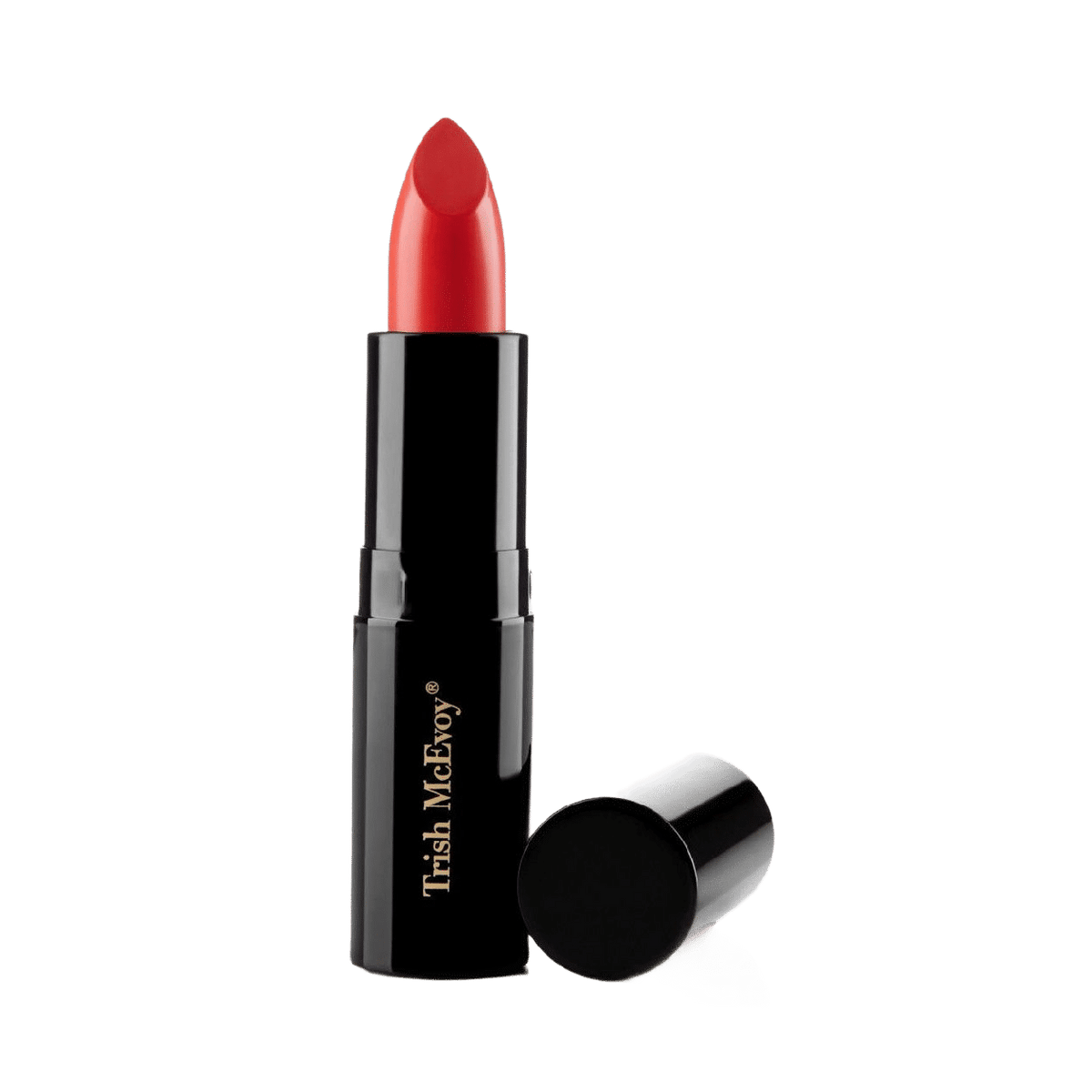Trish McEvoy Easy Lip Color in a luxurious black cylindrical tube with the cap removed, showcasing the bright red lipstick.