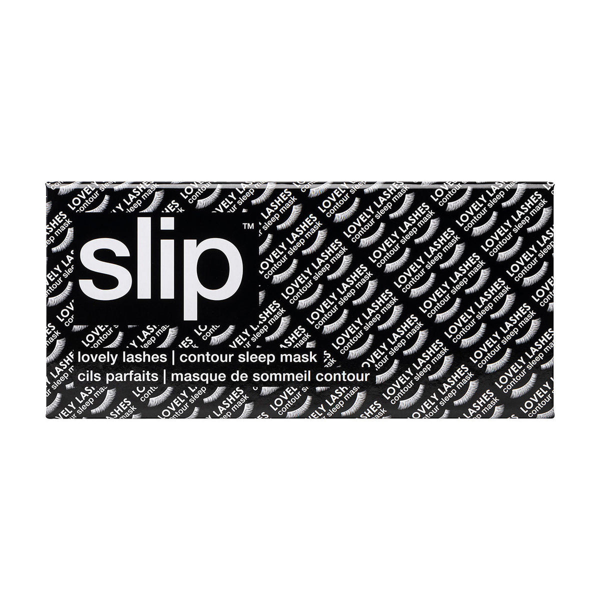Rectangular slipsilk contour sleep mask box featuring a black and white repeating pattern of the Pure Silk Contour Sleep Mask name and a large Slip logo on the front.