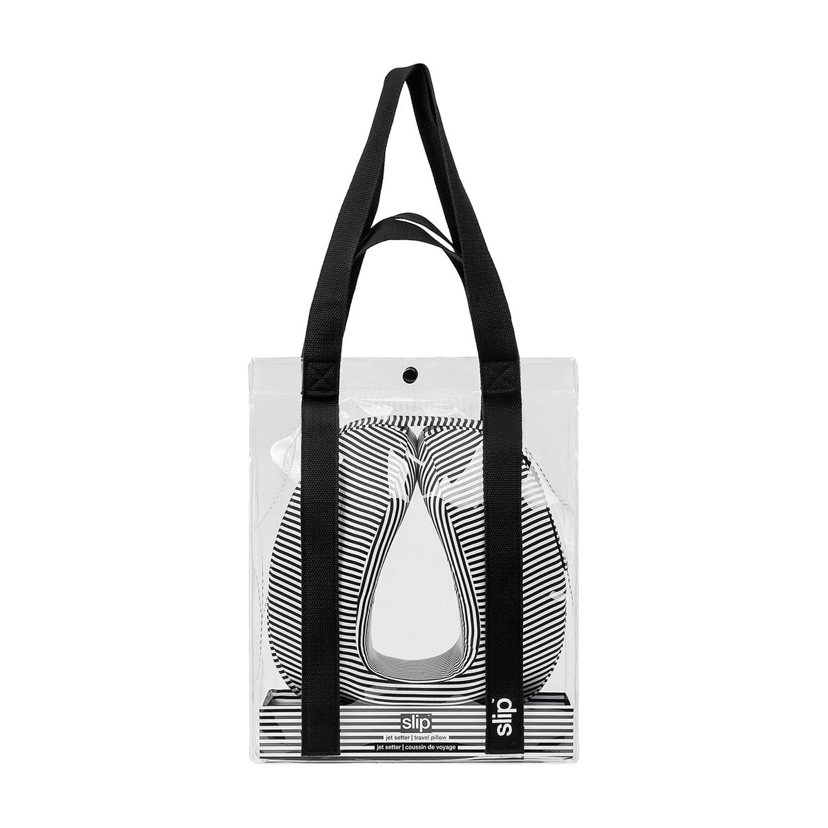 A black and white striped Slip Jet Setter Travel Pillow tucked inside a clear plastic tote bag.