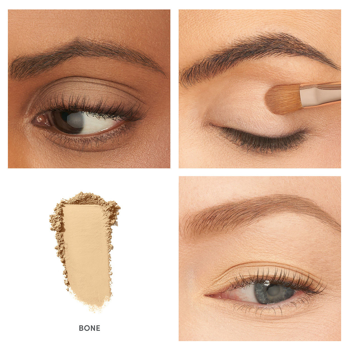 A collage showing a square of Jane Iredale PurePressed Eye Shadow in the neutral matte shade BONE, alongside three close-up photos of eyelids demonstrating the product’s application.