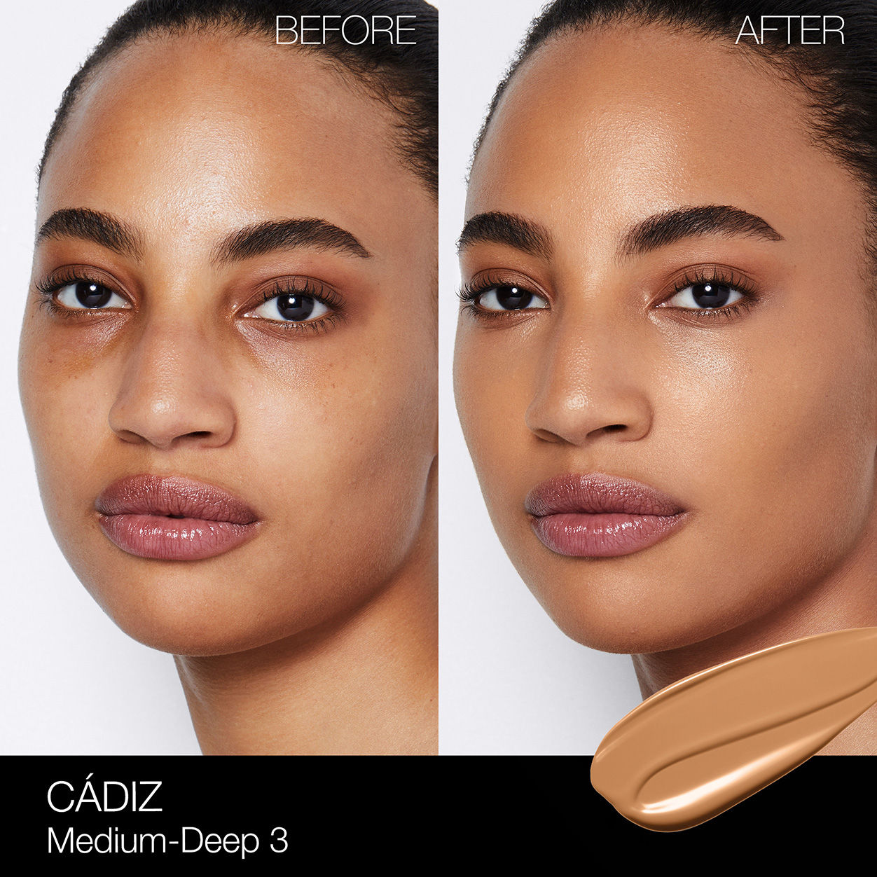 Before and after results of using Nars Light Reflecting Foundation variant: Cádiz MD3