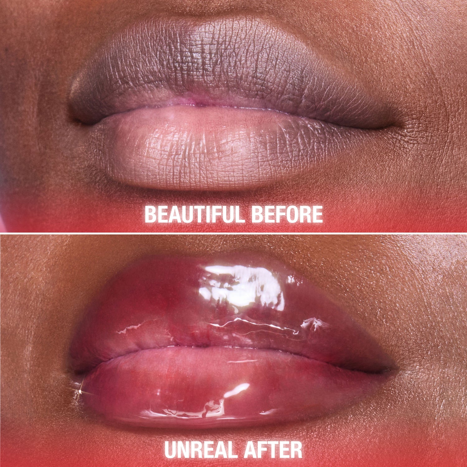 Before and after results of using Charlotte Tilbury Unreal Lips Healthy Glow Nectar Oil variant: Cherry Glaze