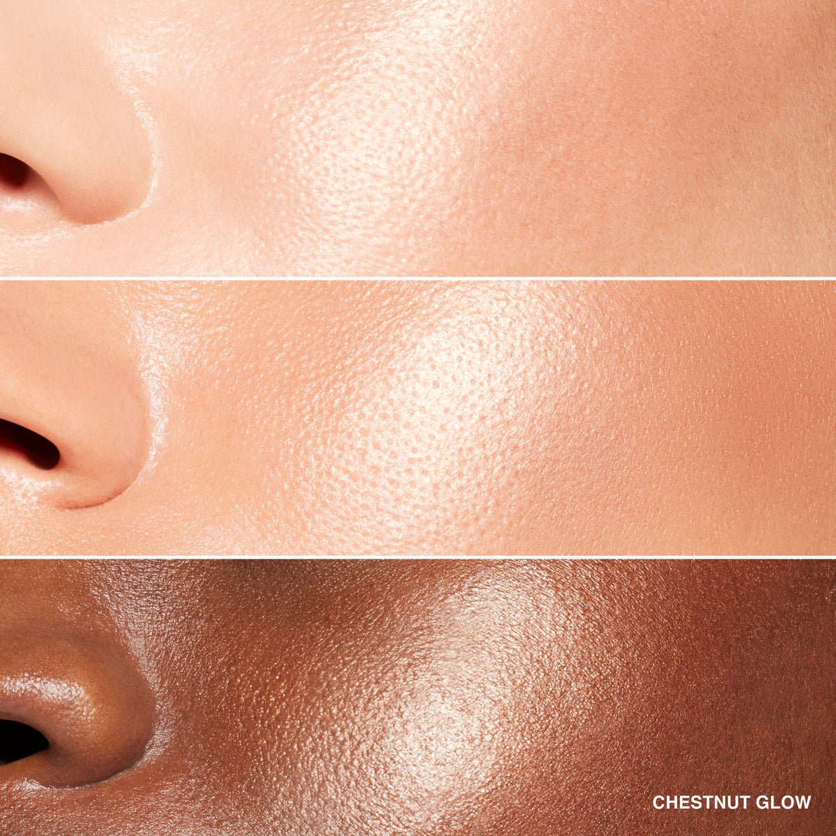 Three close-up views of skin showcasing Bobbi Brown Highlighting Powder in different shimmering shades, with the bottom shade labeled Chestnut Glow.