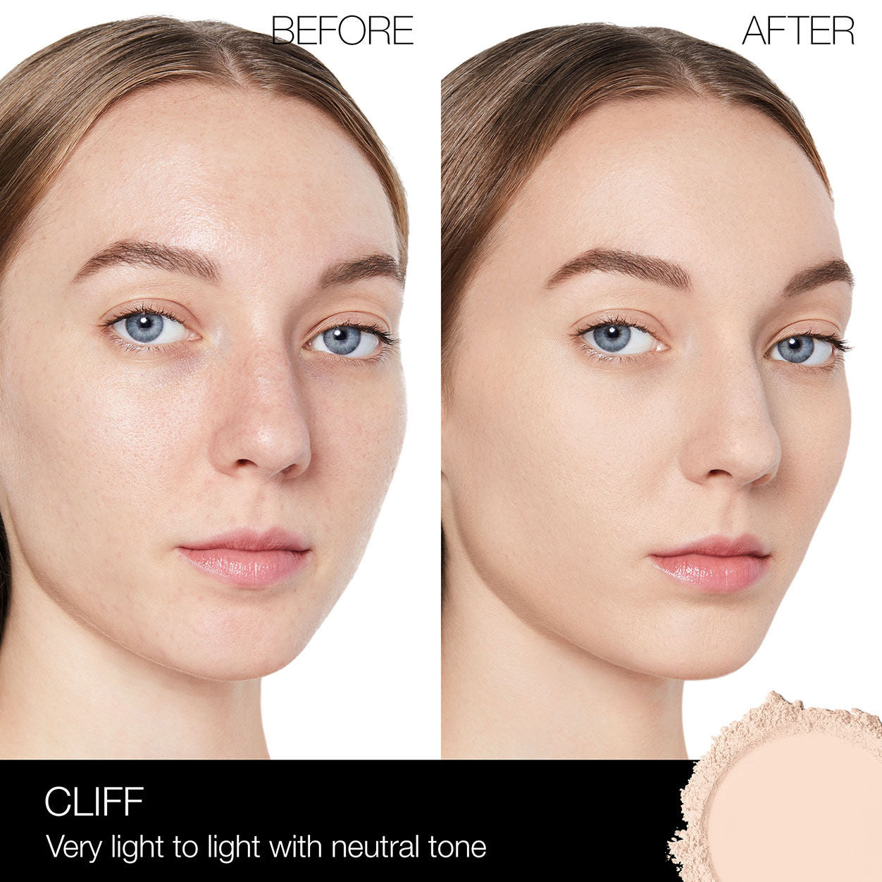 Before and after results of using Nars Soft Matte Advanced Perfecting Powder variant: Cliff