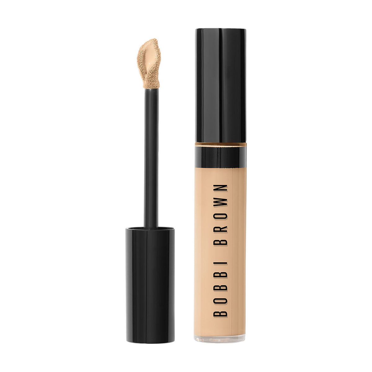 Bobbi Brown Skin Full Cover Concealer tube with a black cap and applicator wand holding a dab of beige liquid.