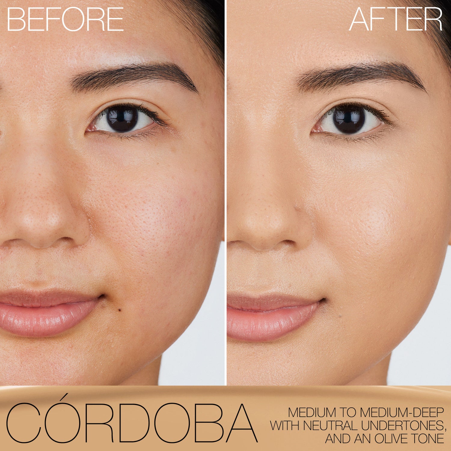 Before and after results of using Nars Light Reflecting Foundation variant: Cordoba M3.75