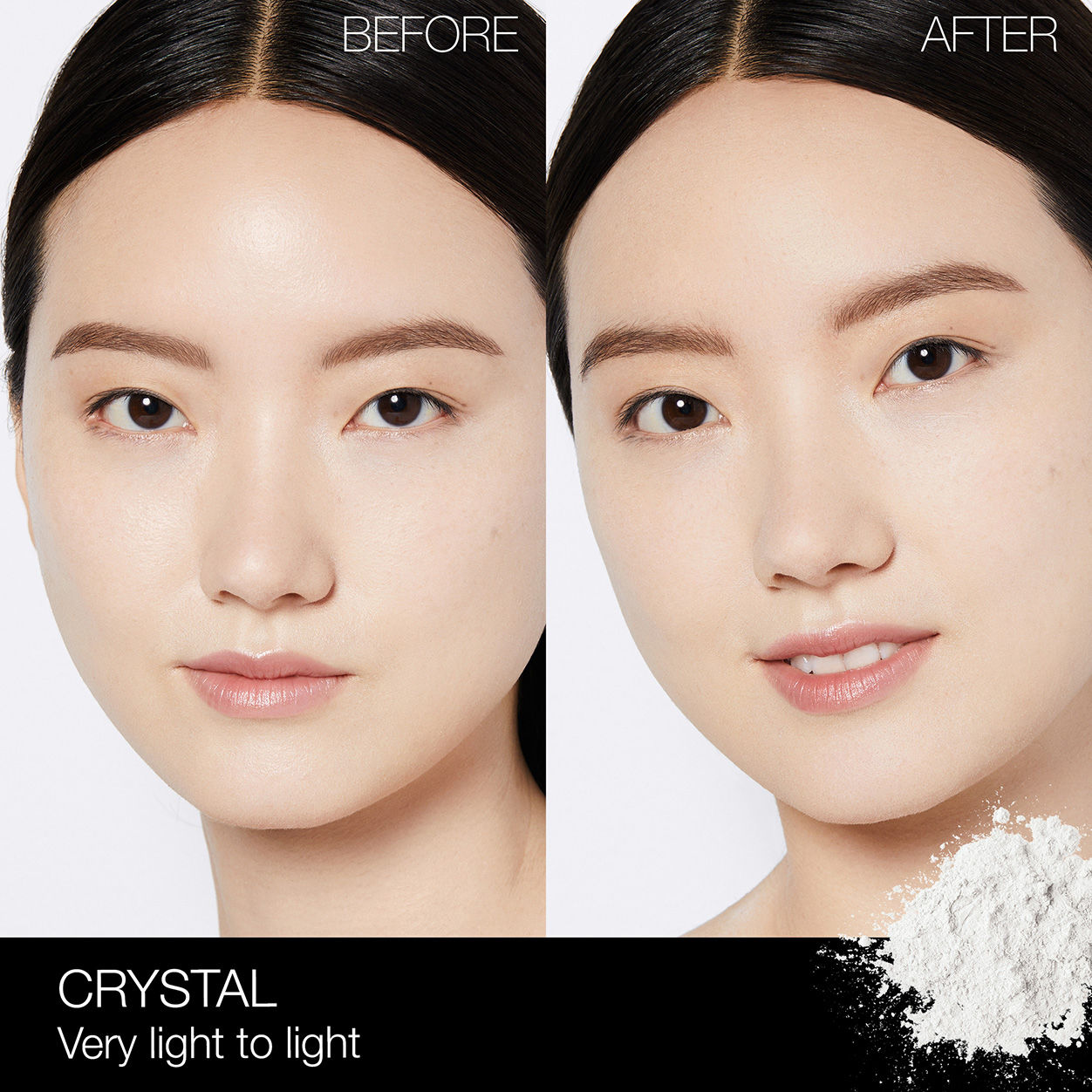 Before and after results of using Nars Light Reflecting Loose Setting Powder variant: Crystal
