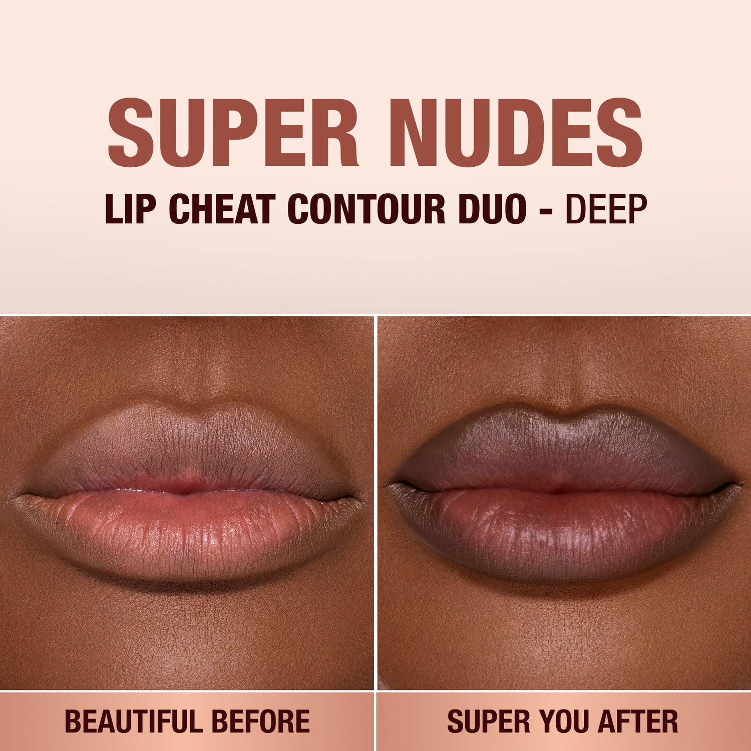 Before and after results of using Charlotte Tilbury Super Nudes Lip Cheat Contour Duo Lip Liner variant: Deep