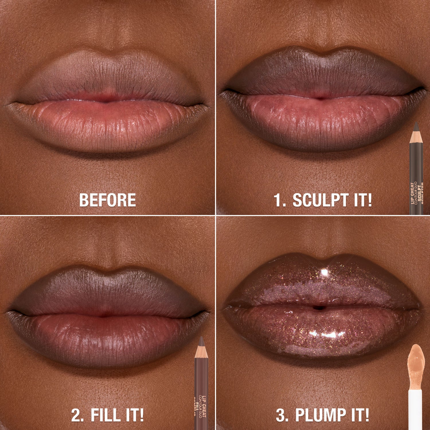 Before and after results of using Charlotte Tilbury Super Nudes Lip Cheat Contour Duo Lip Liner variant: Deep