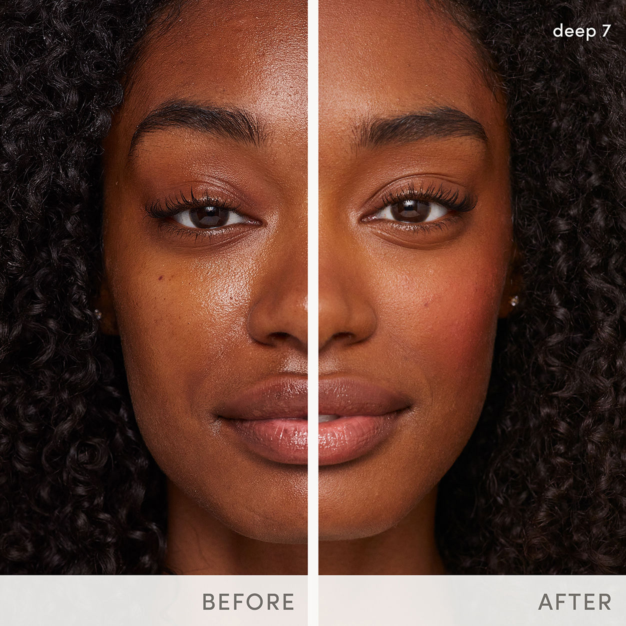 Before and after results of using Jane Iredale HydroPure Tinted Serum variant: Deep 7