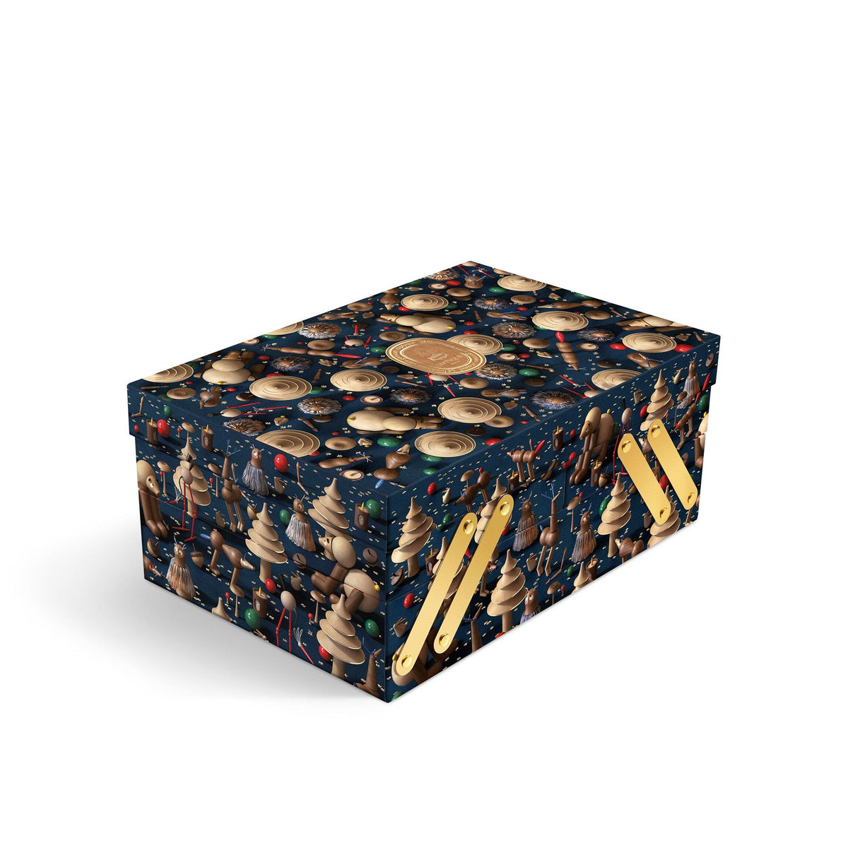 The Diptyque Advent Calendar 25 Scented Treasures (Limited Edition) is a rectangular box decorated with a dark blue pattern of stylized wooden ornaments and small colorful baubles, featuring gold-toned latches on the side.