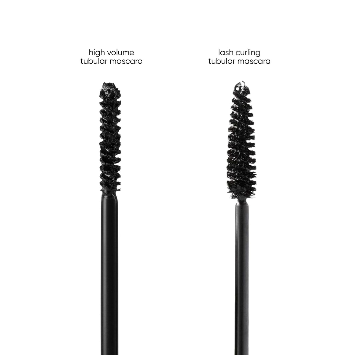 The Trish McEvoy Tubular Lash Duo, shown as two side-by-side tubular mascara wands: one with a dense, spiraled brush to volumize lashes, and one with a tapered, conical brush to curl lashes.